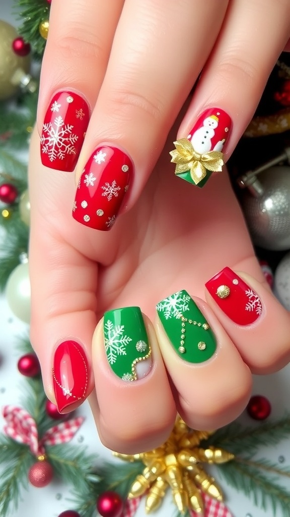 Christmas nail art with red and green polish, snowflakes, and gold accents on a festive background.